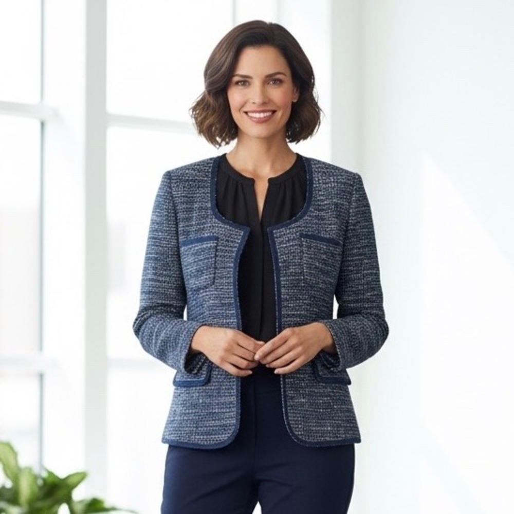 Banana Republic Tweed Blazer Jacket‎ Women 12 Blue White Metallic Silver Italian